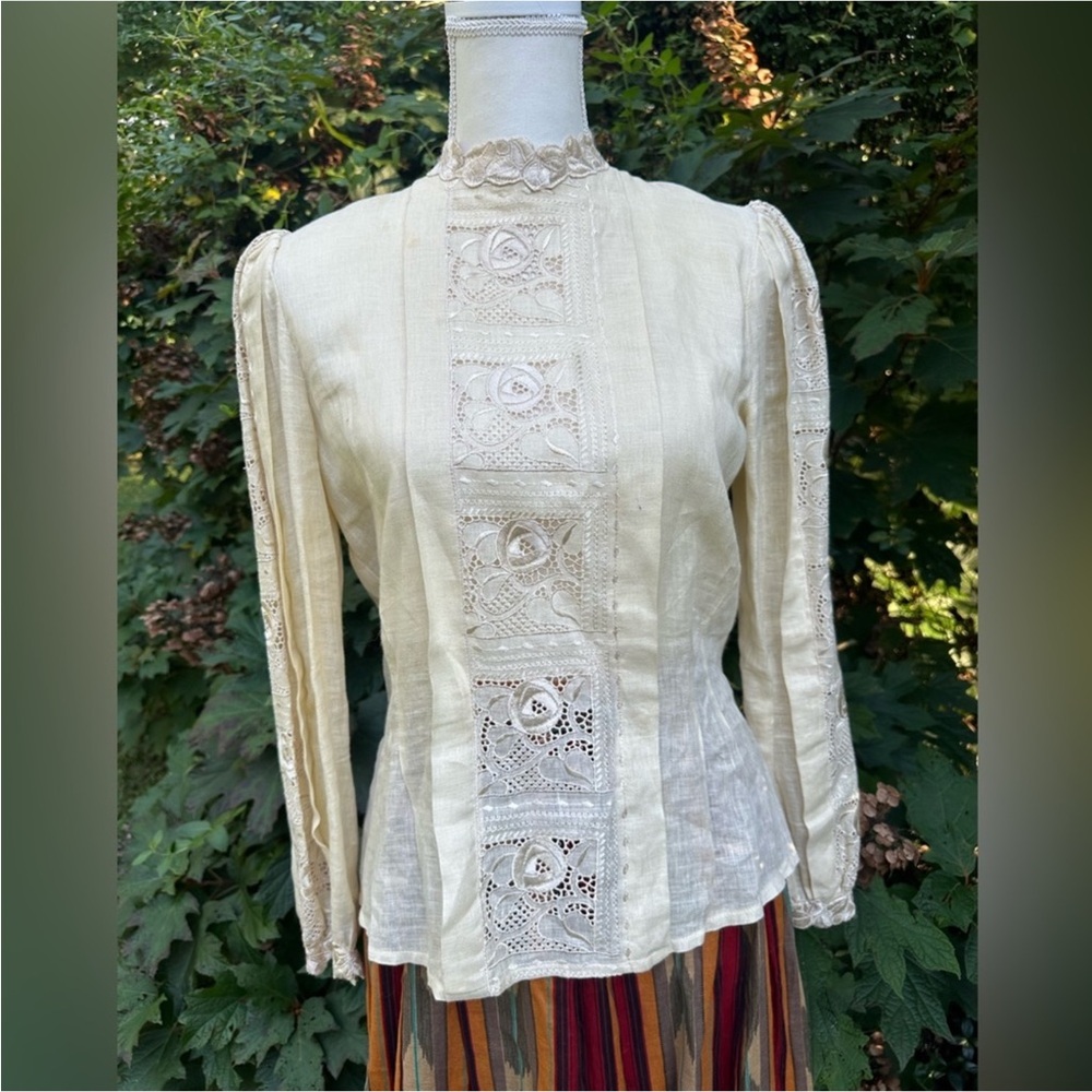 Vintage Cloak of Many Colors Victorian style tea stained linen and lace blouse M